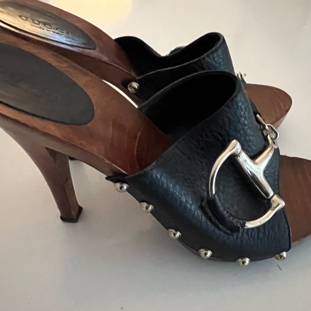Gucci Black Leather Horsebit Mules with Silver Hardware 38.5C